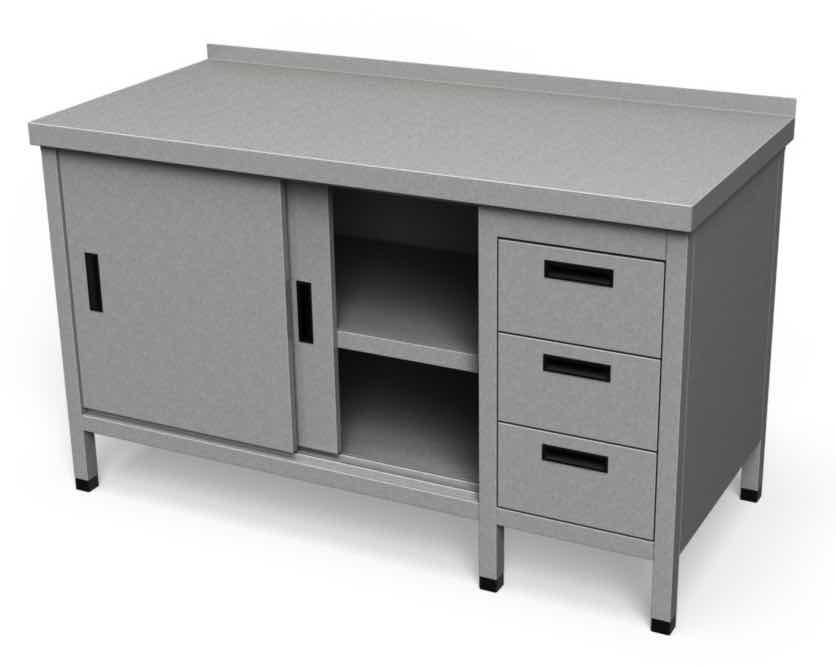 Nerezový pracovný stôl so skrinkou s posuvnými dvermi a so zásuvkami - ALVEX